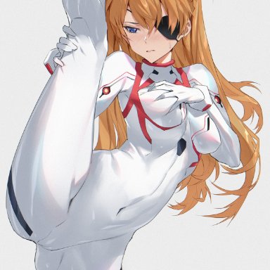 ass, bangs, blue bodysuit, blue eyes, bodysuit, breast grab, breasts, cameltoe, closed mouth, commentary request, covered navel, curvy, embarrassed, evangelion: 3.0+1.0 thrice upon a time, eyepatch