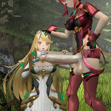 2futas, 3d, balls, big balls, big breasts, big penis, breasts, clothed, clothing, duo, futa only, futanari, huge cock, mostly clothed, mythra