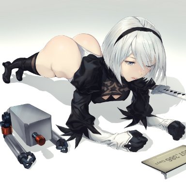 ass, back cutout, bangs, black footwear, black gloves, black hairband, black legwear, blue eyes, boots, breasts, bubble butt, cleavage cutout, clenched hands, closed mouth, clothing cutout