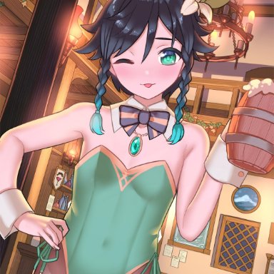 :p, 1boy, bare shoulders, beer, beer mug, bowtie, braid, braids, bulge, covered navel, covered nipples, crossdressing, eyebrows, femboy, genshin impact