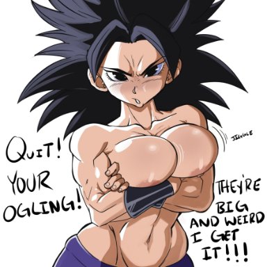 1girls, abs, black eyes, black hair, breast squeeze, caulifla, dialogue, dragon ball, dragon ball super, exposed breasts, huge breasts, large breasts, looking at viewer, nipples, pseudocel