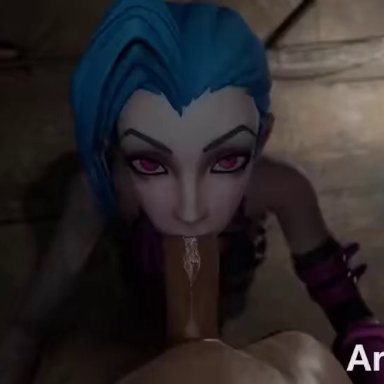 3d, animated, arawaraw, blowjob, blue hair, dainapp, dark room, deep blowjob, eye contact, fellatio, flowframes, framerate edit, jinx (league of legends), league of legends, looking at viewer