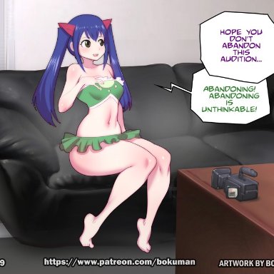 bikini, blue hair, bokuman, brown eyes, camera, couch, cute, fairy tail, interview, sexy, twintails, wendy marvell