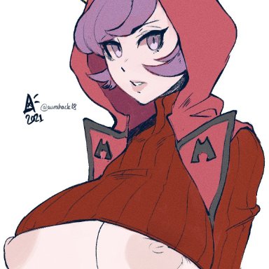 1girls, alternate breast size, areolae, aurahack, big breasts, breasts, courtney (pokemon oras), courtney (pokemon), female, female focus, female only, gen 3, gen 6, hood, huge breasts