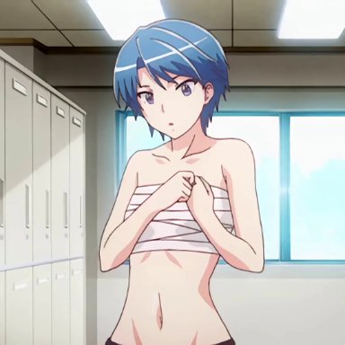 16:9 aspect ratio, 1girl, 2010s, animated, areolae, bandage, blue hair, blush, bouncing breasts, breasts, covering, covering breasts, crossdressing, embarrassed, female