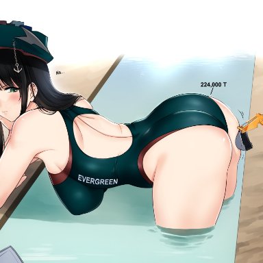 1girls, africa, black hair, boat, canal, dialogue, digger, ever given, gijinka, green eyes, in water, large breasts, personification, swimsuit, water