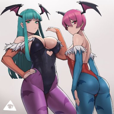 2girls, ass, bangs, bat print, blue pantyhose, blunt bangs, breast size difference, capcom, cleavage, darkstalkers, demon wings, donburikazoku, elbow gloves, female, female only