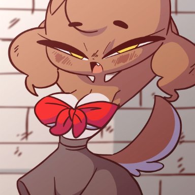 amber eyes, animated, anthro, big boobs, black skirt, brown fur, dancing, diives, dog tail, fishnets, fluffy hair, hands behind head, red topwear, thick thighs