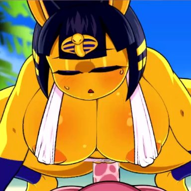 1boy, 1boy1girl, 1girls, 2021, animal crossing, animated, ankha, anthro, beach, big breasts, blue hair, bodily fluids, bouncing breasts, breasts, cloud