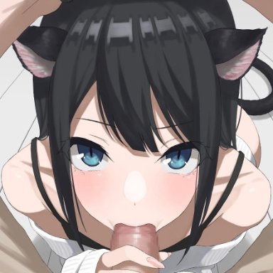 1boy, animal ears, bangs, black hair, blue eyes, cat ears, cat girl, cat tail, censored, fellatio, female, fingernails, gaming, grey background, highres