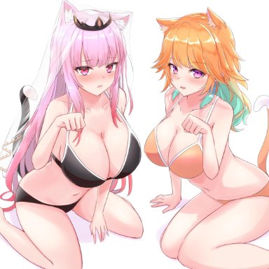 :d, :o, 2021, 2girls, absurd res, animal ear fluff, animal ears, barefoot, big breasts, bikini, black bikini, blush, breasts, cat ears, cat girl