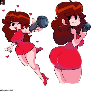 2021, big ass, big breasts, brown hair, dress, friday night funkin, girlfriend (friday night funkin), heart, heels, high heels, long hair, looking at viewer, looking back at viewer, microphone, one leg up