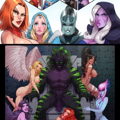 abs, angry, areola, cleavage, crossover, crystal maiden, dota 2, drow ranger, erect nipples, evelynn, female, freckles, golden hair, kayle, large breasts