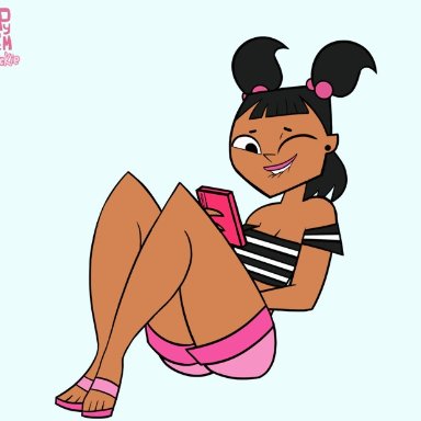 1girls, animated, capy diem, clothed, clothing, dark skin, dark-skinned female, katie (tdi), looking at viewer, masturbation, pussy, simple background, total drama island