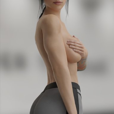 1girls, 3d, black hair, call of duty, emberstock, holding breast, mara (cod), modern warfare (2019), muscular, muscular female, ponytail, skindentation, topless, triceps, yoga pants