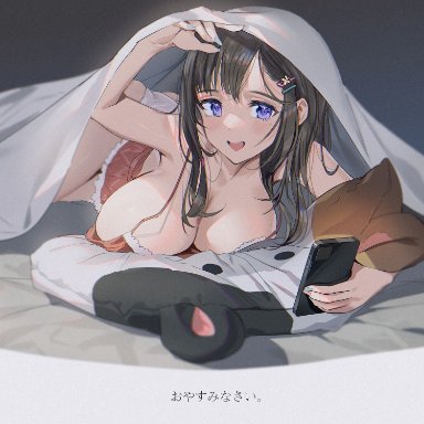 animal pillow, babydoll, bed, black background, black hair, blue nails, blush, breasts, cellphone, cleavage, commentary, downblouse, female, hair ornament, hairclip