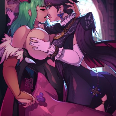 2girls, bayonetta, bayonetta (character), big breasts, breast grab, breasts, crossover, darkstalkers, female, female only, grand-sage, kissing, large breasts, morrigan aensland, open mouth