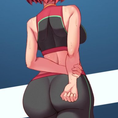 arms behind back, ass, bare shoulders, breasts, female, hairband, highres, medium hair, nintendo, pants, parted lips, pyra, red hair, red pants, red sports bra