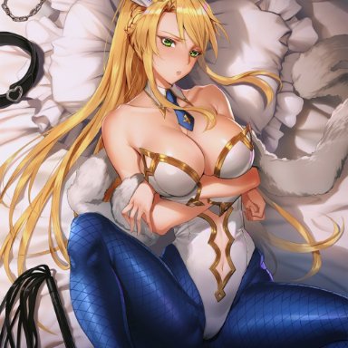 ahoge, animal ears, artoria pendragon, artoria pendragon (swimsuit ruler), ass, asymmetrical bangs, bangs, bare shoulders, blonde hair, blue legwear, blush, braid, breast hold, breasts, bunny ears