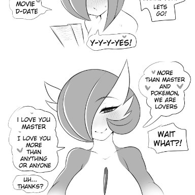 blush, dialogue, english text, gardevoir, humanoid, kirlia, looking at viewer, monochrome, nintendo, pokemon, pokémon (species), ralts, saltyxodium, simple background, tagme