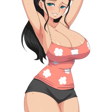 1girls, big breasts, blush, breasts, cleavage, eyewear on head, female, female only, large breasts, looking at viewer, nico robin, one piece, simmsy, solo, sunglasses on head