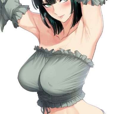 armpit, armpits, arms behind head, arms up, belly, blush, closed mouth, eyebrows, eyelashes, female, fubuki (one-punch man), green eyes, huge breasts, lips, looking at viewer