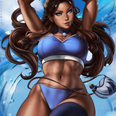 1girls, 2021, abs, action pose, aged up, armpits, arms above head, artist signature, athletic female, avatar the last airbender, barely clothed, beautiful, big breasts, blue eyes, breasts