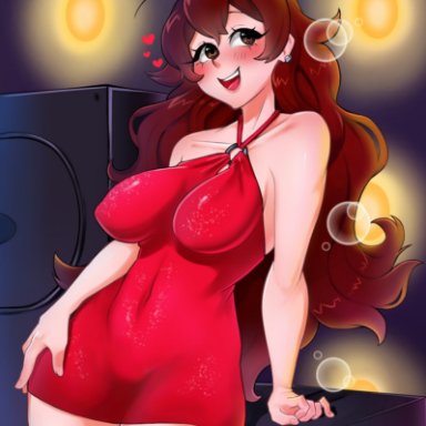 1girls, condylonucla, friday night funkin, girlfriend (friday night funkin), heart, large breasts, red dress, shiny, smile, tagme