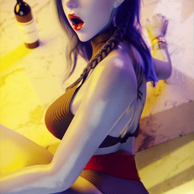 alternate costume, exposed ass, from behind, highres, junkerz, open mouth, overwatch, pov, red lipstick, surprised, widowmaker, wine bottle