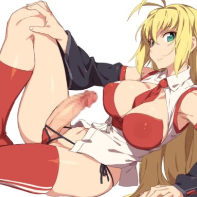 1futa, antenna hair, asymmetrical legwear, between breasts, blonde hair, breasts, censored, cleavage, closed mouth, clothed, clothing, commentary request, detached sleeves, erection, female