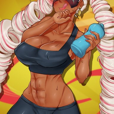 abs, arms (game), bedroom eyes, condylonucla, futa only, futanari, large breasts, licking lips, long hair, sweat, tagme, twintelle, workout