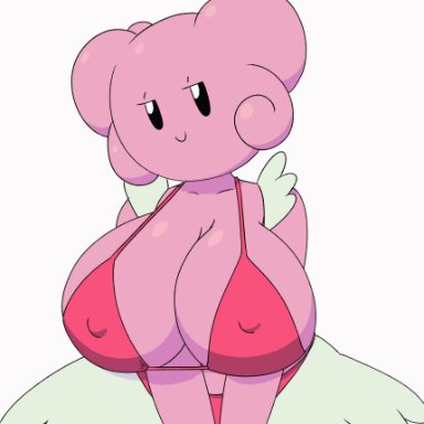 2021, animated, big breasts, black and white eyes, blinking, blissey, bouncing breasts, breasts, eyelashes, furry, gen 2, jiggling breasts, looking away, no sound, pink skin