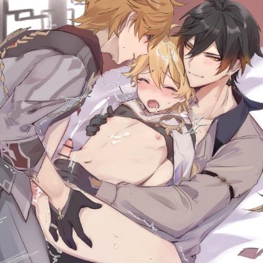 3boys, absurdres, aether (genshin impact), ahoge, anal, bangs, bar censor, bed, bent spoons position, black gloves, black hair, blonde hair, blue eyes, blush, boy sandwich