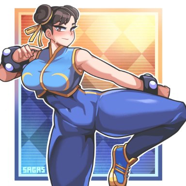 1girls, 2021, alternate costume, athletic female, big breasts, blue unitard, blue vest, breasts, brown eyes, brown hair, capcom, chinese, chun-li, fighting stance, fully clothed