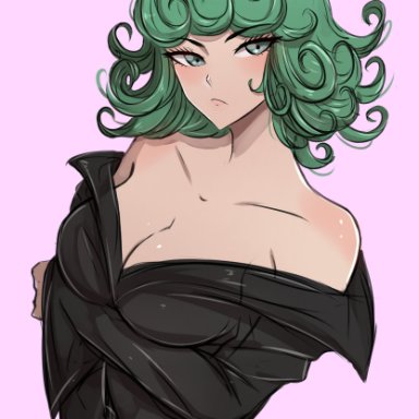 1girl, aged up, bare shoulders, breasts, cleavage, clothing, curly hair, female, frown, green eyes, green hair, lipstick, omiza somi, one-punch man, short hair