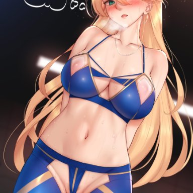 fate/grand order, fate (series), artoria pendragon, artoria pendragon (lancer), genjung, 1girl, areola, areola slip, blonde hair, blue pants, blue sports bra, blue yoga pants, blush, breasts, cameltoe