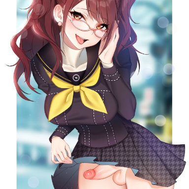 megami tensei, persona, persona 4, kujikawa rise, tofuubear, 1futa, balls, black stockings, breasts, brown hair, clothed, clothing, ear piercing, full-package futanari, futa only