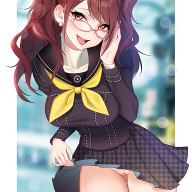 megami tensei, persona, persona 4, kujikawa rise, tofuubear, 1girls, black stockings, breasts, brown hair, ear piercing, female, female only, glasses, looking at viewer, open mouth