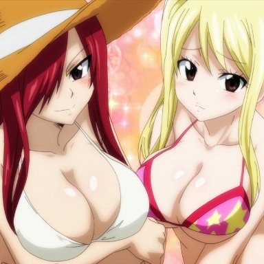 fairy tail, erza scarlet, lucy heartfilia, big breasts, bikini, blonde hair, breasts, red hair