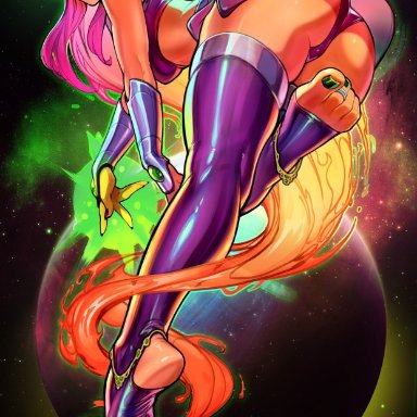 dc, teen titans, starfire, reiq, 1girls, alternate breast size, clothed, earth, feet, female, female only, green eyes, lipstick, long hair, looking at viewer