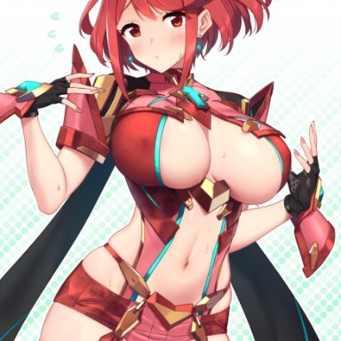 nintendo, xenoblade (series), xenoblade chronicles 2, pyra, baffu, bonnie3404, 1girls, belly button, big breasts, breasts, cleavage, looking at viewer, nipple bulge, red eyes, red hair