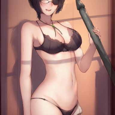 attack on titan, hanji zoe, kimoshi, ass, bare shoulders, big breasts, black bra, black panties, black underwear, blush, bra, breasts, brown eyes, dark hair, eye patch