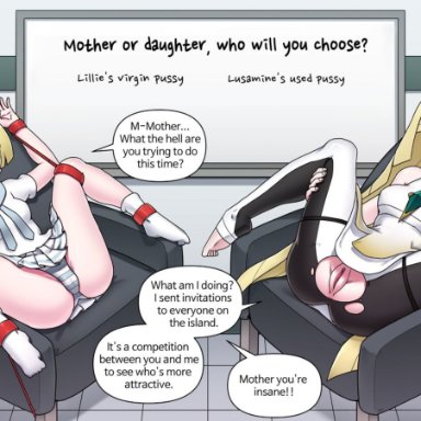 game freak, nintendo, pokemon, pokemon sm, aether foundation, lillie (pokemon), lusamine (pokemon), mackgee, 2girls, age difference, bangs, blonde hair, bondage, bound, bound arms