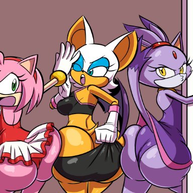 sega, sonic (series), amy rose, blaze the cat, rouge the bat, axel-rosered, 3girls, angry, ass, big ass, blue eyes, breasts, chiropteran, clothing, domestic cat