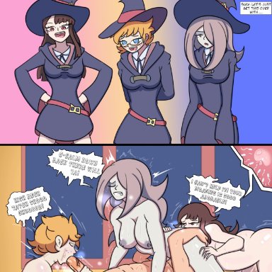 anime one night stands, little witch academia, juto arigato, kagari atsuko, lotte yansson, lucky guy, sucy manbavaran, dywtba-alt-universe, 1boy, 3girls, abs, after sex, after vaginal, all on one, ambiguous background