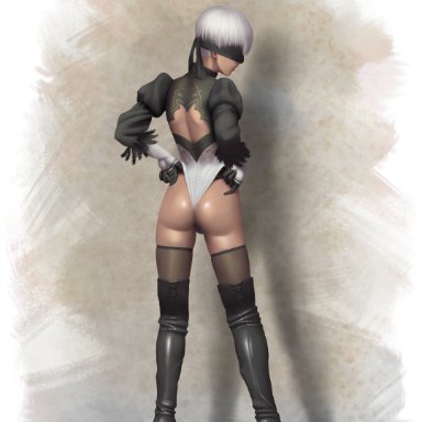 nier: automata, yorha 9s, kemmy, 1boy, androgynous, ass, back view, backless leotard, black boots, black gloves, black stockings, black thigh boots, blindfold, boots, crossdressing
