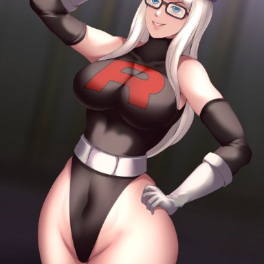 pokemon, jaclyn (corruptionprincess), team rocket, haryudanto, blue eyes, evil smile, gen 1, glasses, latex, leotard, opera gloves, salute, white hair