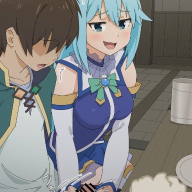 aqua (konosuba), satou kazuma, ishinoyari, 1boy, blue eyes, blue hair, blush, brown hair, capelet, cum, cum on hands, detached sleeves, faceless, faceless male, female