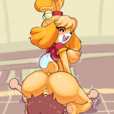 animal crossing, nintendo, isabelle (animal crossing), villager (animal crossing), ichduhernz, anthro, anus, ass, big breasts, big butt, blush, bottomless, breasts, canid, canine