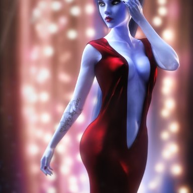 overwatch, widowmaker, therealzoh, 1girls, blue hair, blue skin, breasts, cleavage, dress, erect nipples, female, female only, lipstick, long hair, looking away